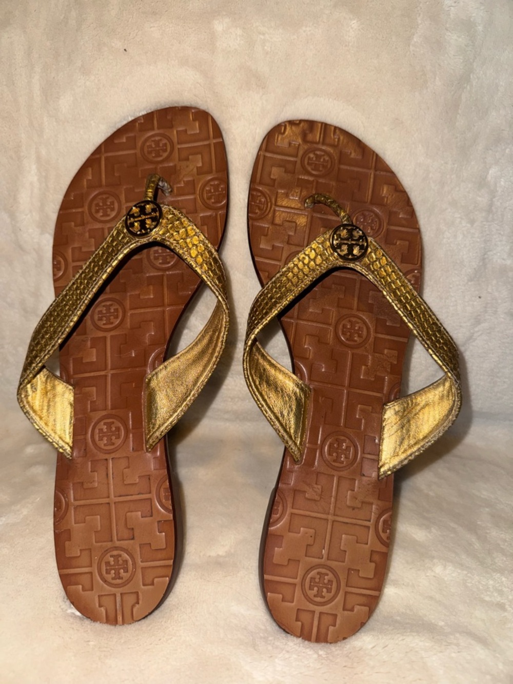Tory Burch Gold Miller Sandals Metallic Leather Logo Flip Flops Size [size 9]